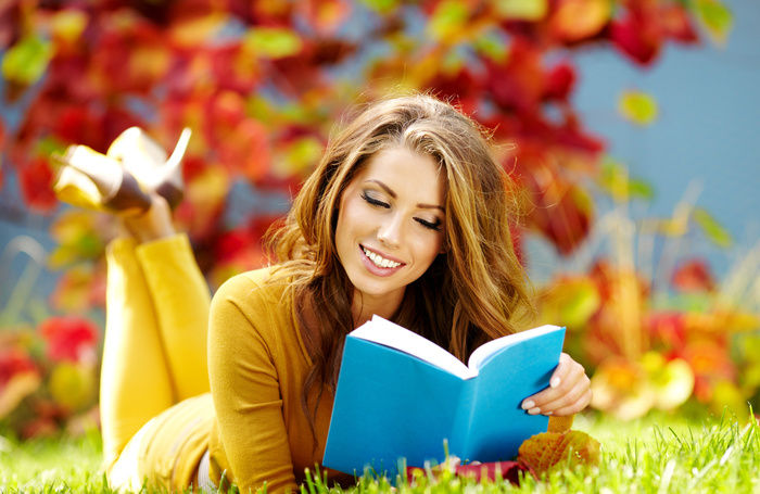 девушка, книга, природа, осень, листья